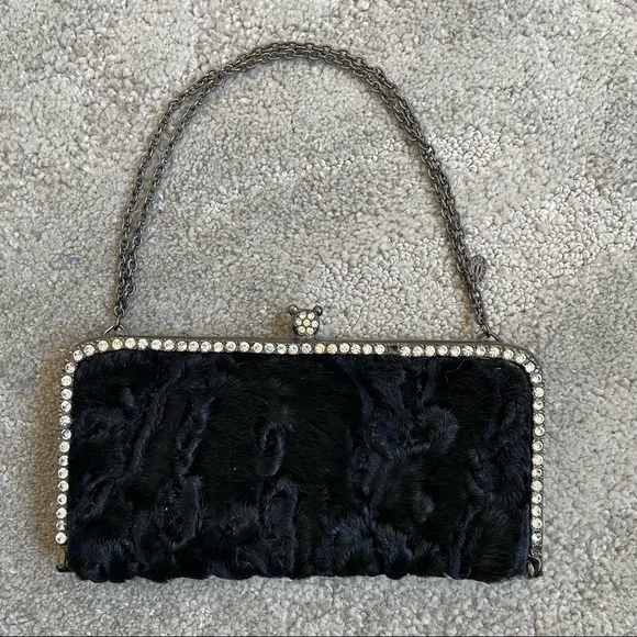 Clara Kasavina Black Fur Swarovski Crystal Embellished Evening Bag Clutch - Picture 2 of 11